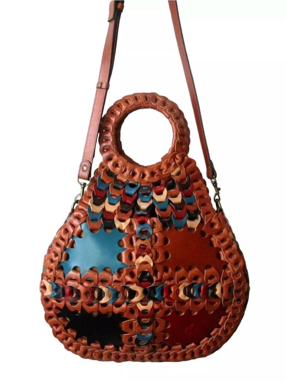 Patricia Nash Pisticci Brown Leather Woven Shoulder Bag with Multicolor Insets